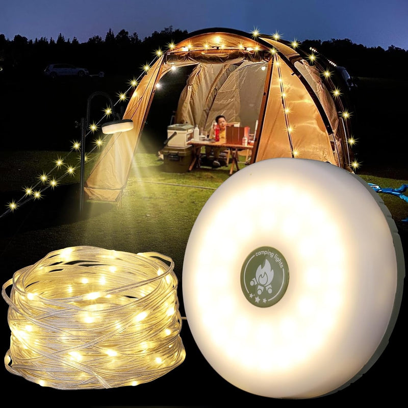 Camping String Lights, Outdoor String Lights with 8 Lighting Modes, Rechargeable String Light Camping 2 in 1, Waterproof Portable Stowable USB Camping Lights for Camping, Yard, Party Decor 32.8Ft