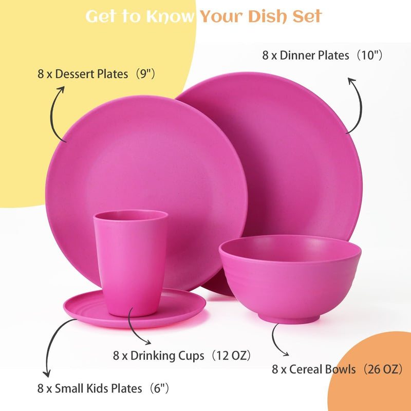 40-Piece Kitchen Plastic Wheat Straw Dinnerware Set, Dish Set for 8, Dinner Plates, Dessert Plate, Cereal Bowls, Cups, Appetizer Plates,Unbreakable Plastic Outdoor Camping Dishes,Pink