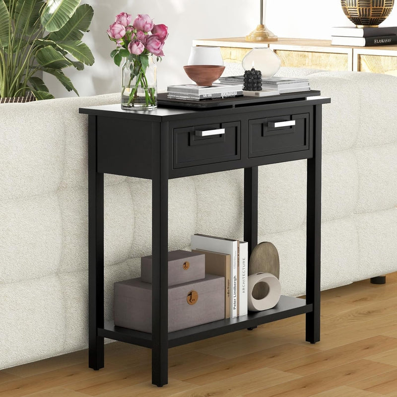 Giantex Console Table with Drawers, Entry Table, Narrow Sofa Table with Open Storage Shelf, Wood Legs, Foyer Table, Entryway Table for Office, Living Room, Hallway, Couch Table(Black)