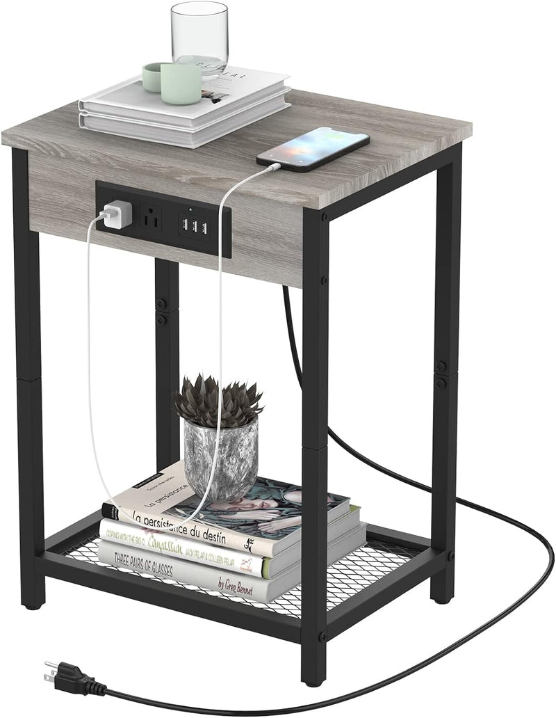 CADUKE Black Night Stand Set of 2 Bedside Table with Charging Station Small End Table with USB Ports and Power Outlets for Bedroom Living Room