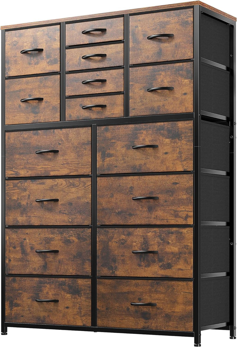 Enhomee 16 Drawers Dresser for Bedroom, Tall Dresser for Bedroom, Bedroom Dressers & Chests of Drawers with Wood Top and Metal Frame, Dresser for Bedroom, Closets, Living Room, Black Wood Grain