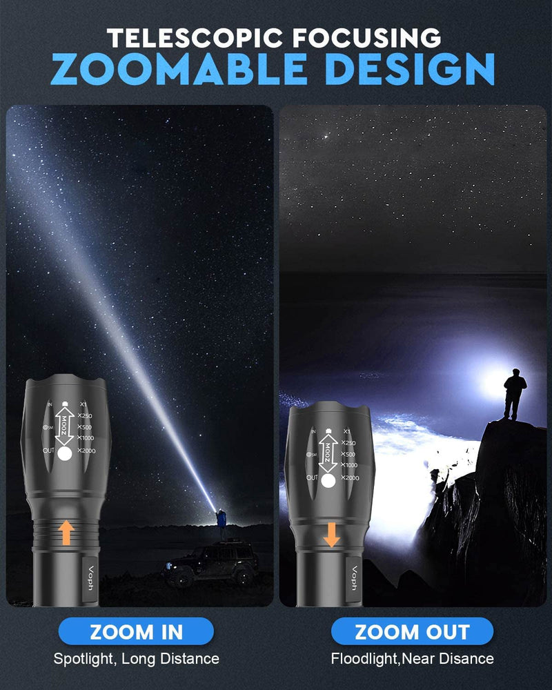 Flashlight 2 Pack, 5 Modes 2000 Lumen Tactical LED Flash Light, High Lumens Bright Waterproof Flashlights, Focus Zoomable Flash Lights for Camping, Gifts for Birthday for Men Women Adult