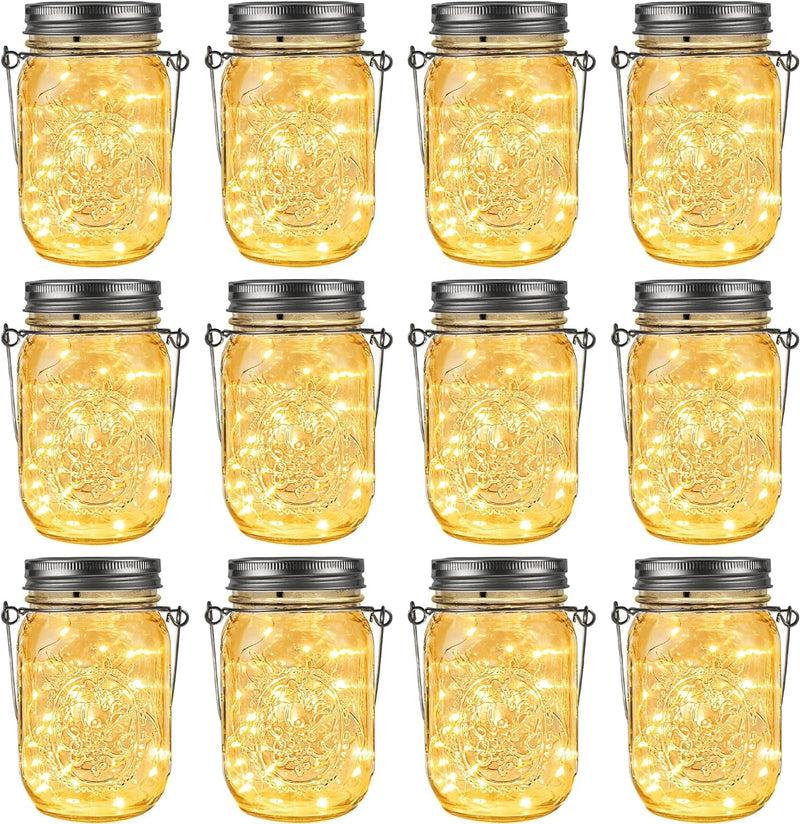 GIGALUMI Hanging Solar Mason Jar Lights, 6 Pack 30 Led String Fairy Lights Hanging Solar Lanterns Outdoor Waterproof, Hangers and Jars Included, Outdoor Decor for Christmas, Wedding, Garden, Patio