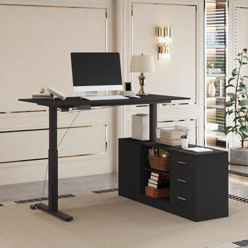 FAMAPY Electric Height Adjustable Standing Desk with Drawers and Shelves, 63 X 31.5 Inches Electric Standing Desk, 29”-44” Height, Metal Frame Leg, Stand up Desk for Home Office White