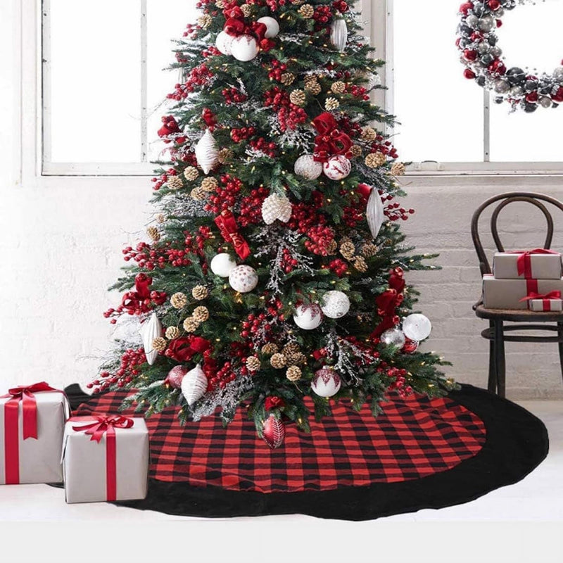 Black and White Buffalo Plaid Check Christmas Tree Skirt 48 Inches, Country Xmas Tree Decorations Tree Skirts Double Layers Holiday Ornaments