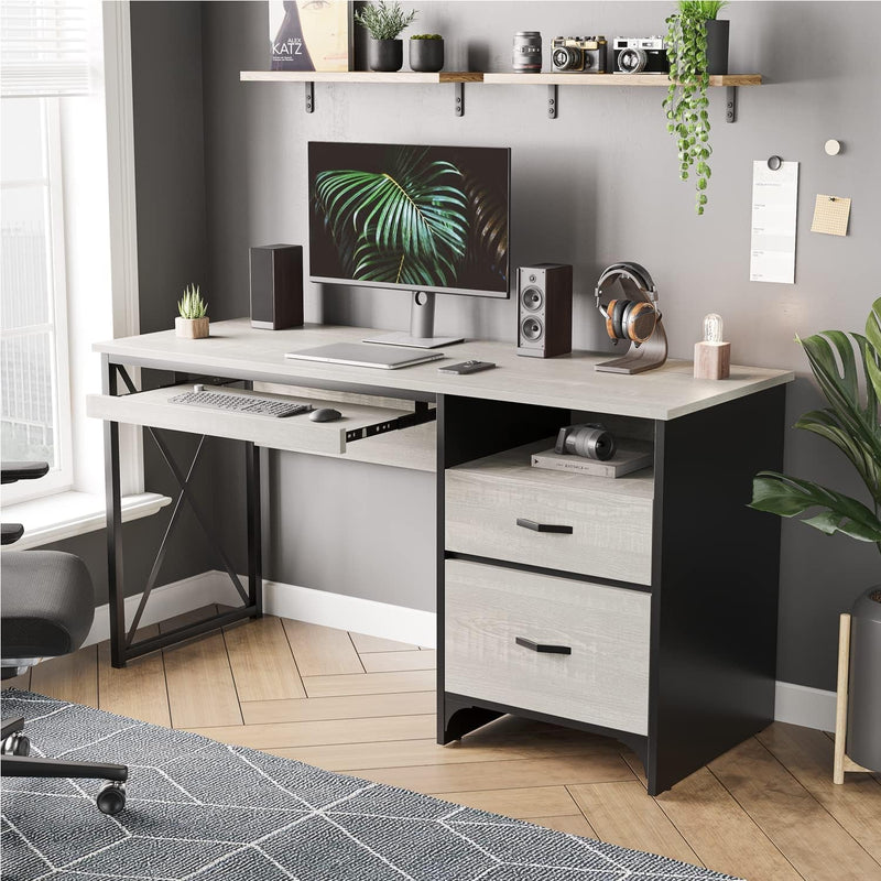 Bestier Office Desk with Drawers, 55 Inch Industrial Computer Desk with Storage, Wood Teacher Desk with Keyboard Tray & File Drawer for Home Office, Wash White