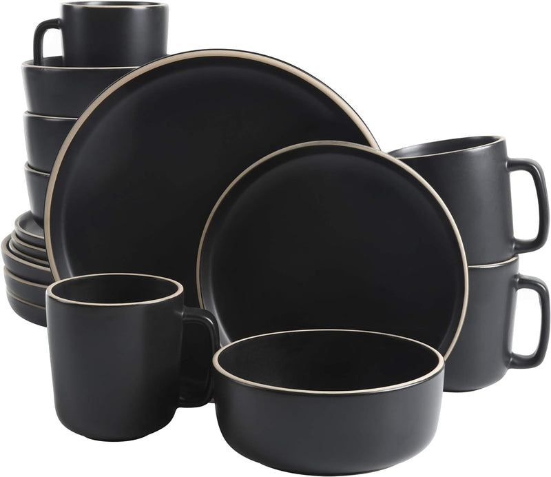 Gibson Home Zuma 16 Piece round Kitchen Dinnerware Set, Dishes, Plates, Bowls, Mugs, Service for 4, Matte Stoneware, Black