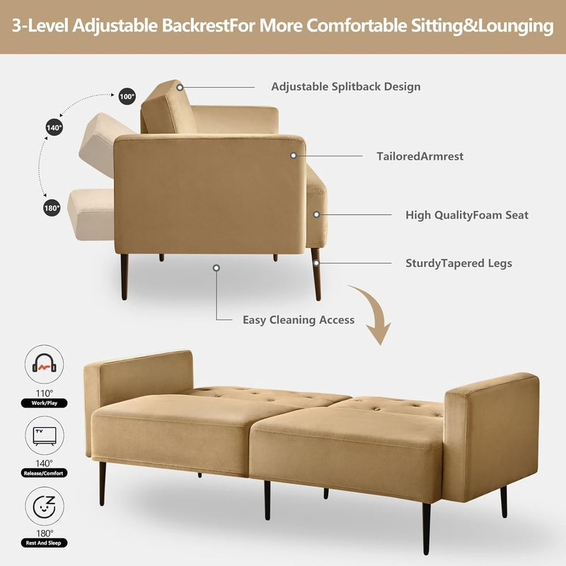 Cpintltr 74" Loveseat Sofa Velvet Couch Convertible Sleeper Futon Sofa Bed with Tapered Metal Legs Upholstered Fouches Seats Furniture for Living Room Apartment Lounge