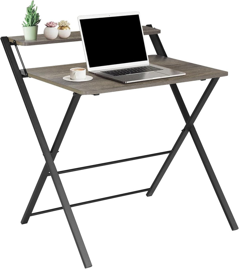 Folding Desk 2-Tier Foldable Table Space Saving Computer Table Writing Workstation for Home Office with Metal Frames/Wood Top Laptop, No Assembly Required, Rustic Brown, 31.9(L) X 20.5(D) X 33.5(H)