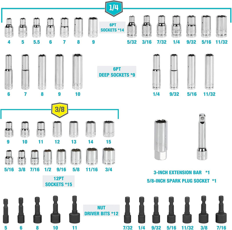 DURATECH 93 Piece Mechanics Tool Set, Sae/Metric Drive Socket Set(1/4 Inch and 3/8 Inch) with Ratchet Handle Spark Plug Magnetic Bit Driver and Tool Accessories Set