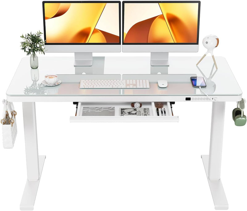 Ergear Dual Motor Electric Standing Desk with Drawers,48X24 Inch Whole-Piece Glass Desktop Quick Install,Height Adjustable Stand up Sit Stand Home Office Ergonomic Workstation with USB Charging Ports