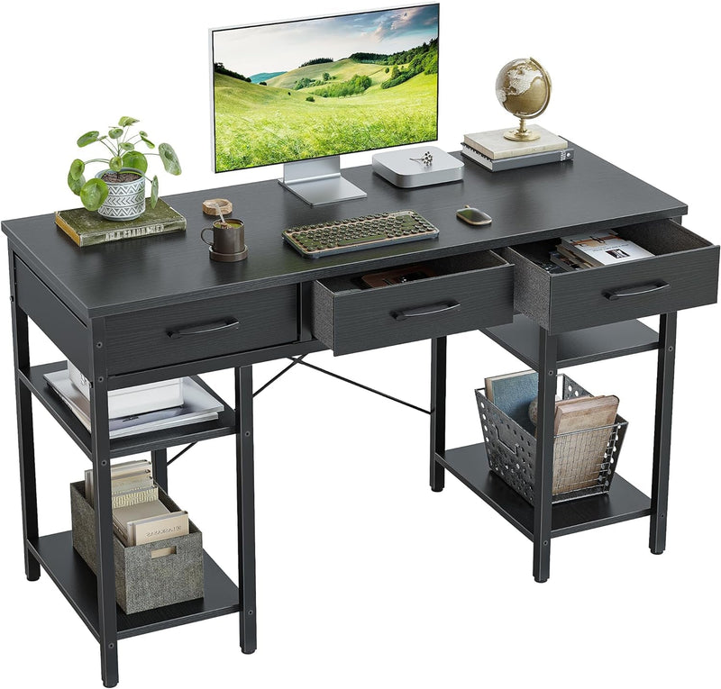 Cubicubi 47 Inch Computer Desk with 3 Drawers and Storage Shelves, Small Home Office Desk with Monitor Stand, Study Writing Table for Bedroom, Rustic Brown