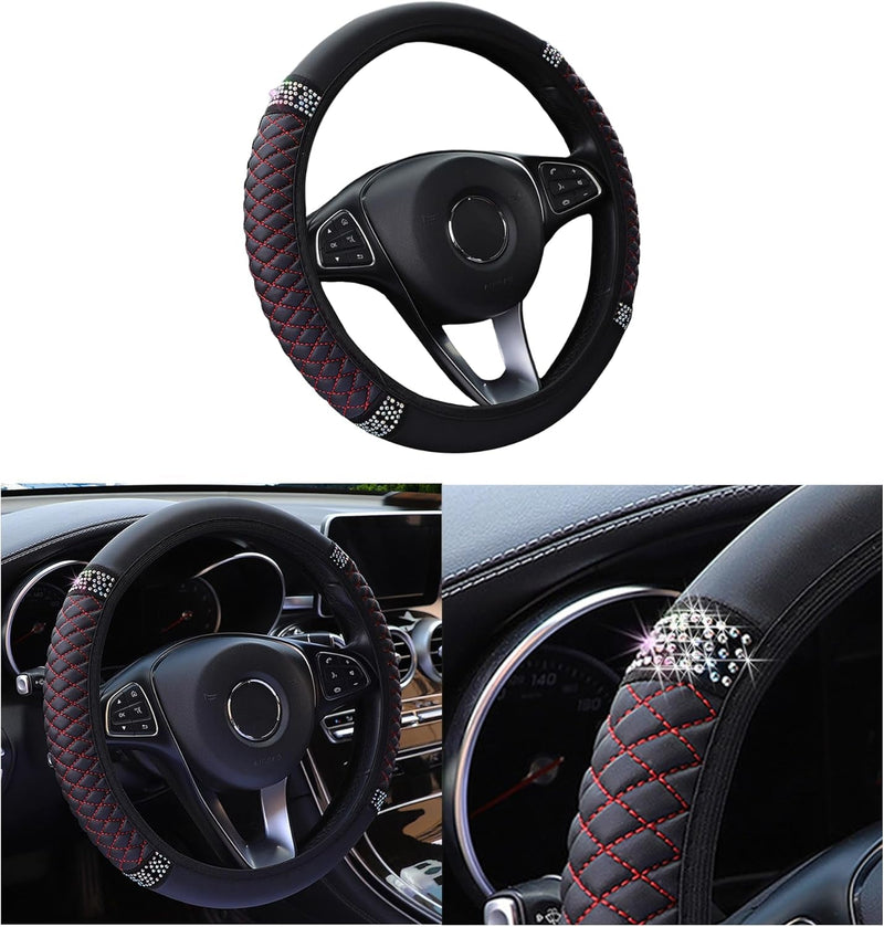 Bling Car Steering Wheel Cover, 15 Inch Rhinestones Soft Leather Elastic Steering Wheel Protector, Sparkly Crystal Diamond for Women Girls, Car Interior Accessories for Most Cars (Black)