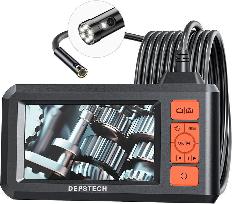 DEPSTECH Dual Lens Industrial Endoscope, 1080P Digital Borescope Inspection Camera, 7.9Mm IP67 Waterproof Camera, Sewer Camera with 4.3" LCD Screen,7 LED Lights,16.5Ft Semi-Rigid Cable,32Gb Card-Black