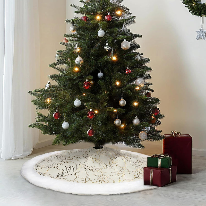 48 Inches Christmas Tree Skirt,White and Gold Christmas Tree Skirt,Faux Fur Plush Xmas Tree Skirt,Thick Tree Skirt Trees,Velvet Rugs for Christmas Tree