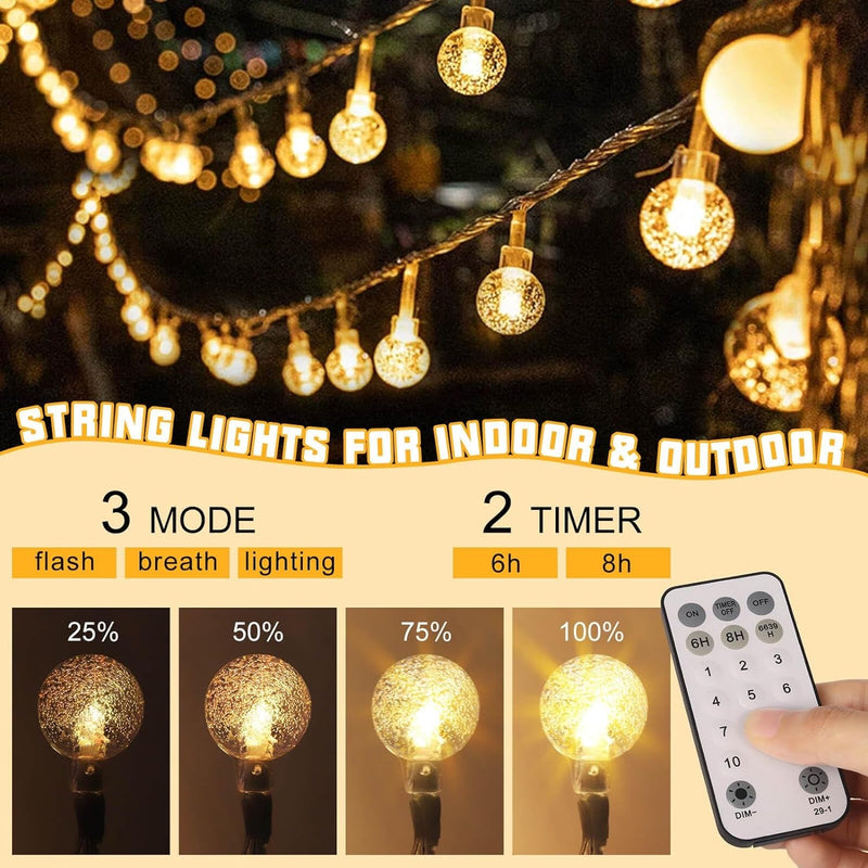 50Ft String Lights -𝗠𝘂𝗹𝘁𝗶-𝗖𝗼𝗹𝗼𝗿+𝗪𝗮𝗿𝗺 𝗪𝗵𝗶𝘁𝗲 (𝟮-𝗶𝗻-𝟭), Extendable Crystal Globe String Lights Plug in for Outdoor & Indoor Bedroom, Classroom,Dorm,Patio