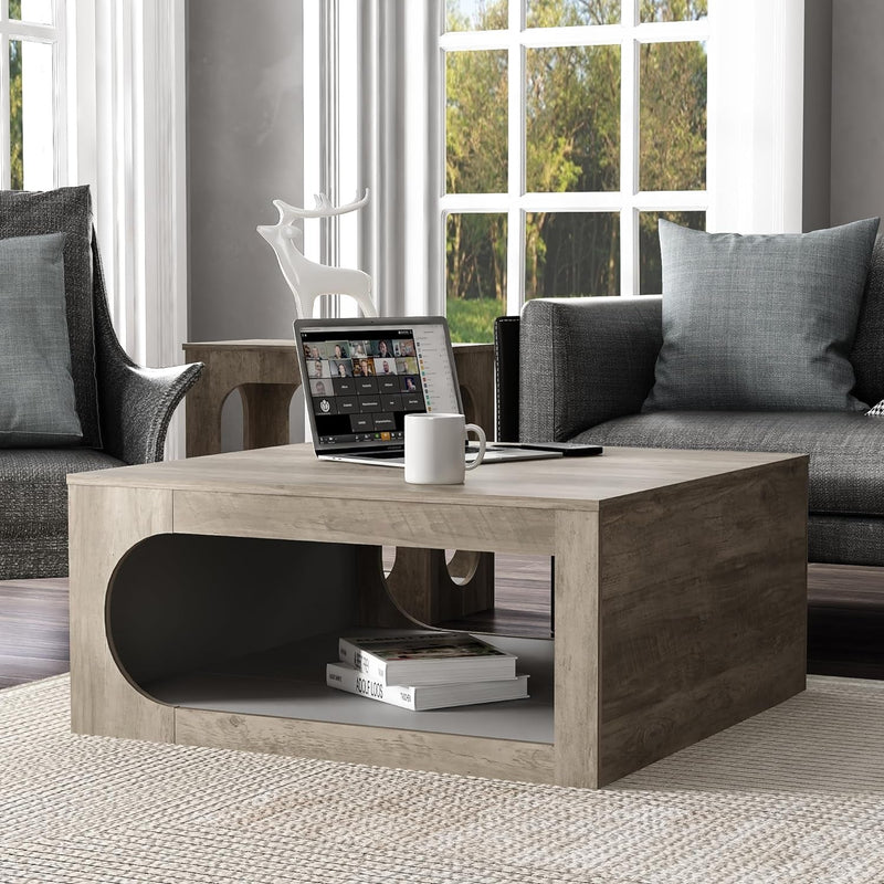 Galano Japtur Coffee Table, Modern Top Rectangular Coffee Table with Storage Drawer, 2 Tier Center Table for Living Room, Office, Balcony, 31.5" D X 31.5" W X 16.34" H, Knotty Oak