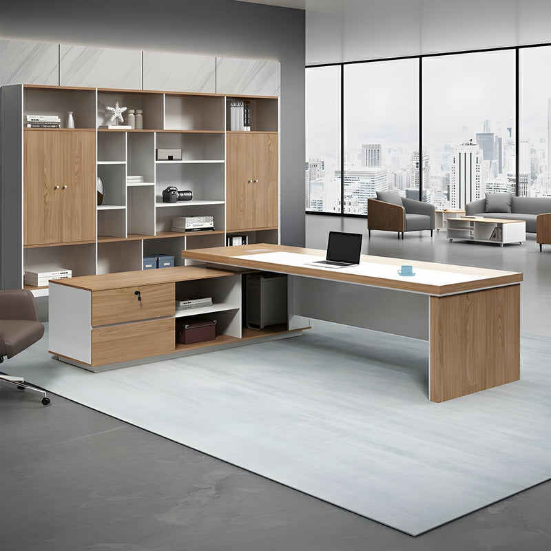 Executive Desk with Side Cabinet, Modern L Shaped Computer Desk with Storage Shelves, Large L Shaped Executive Desk for Home Office 63" L X 63" W X 29.5" H, Right Hand Return