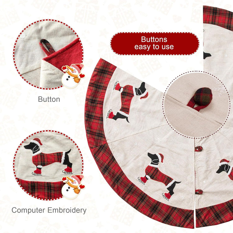 Glitzhome Christmas Tree Skirt 48" Fabric Dachshund Pattern Plaid Edge Large round Tree Skirt for Holiday Xmas Party Decorations