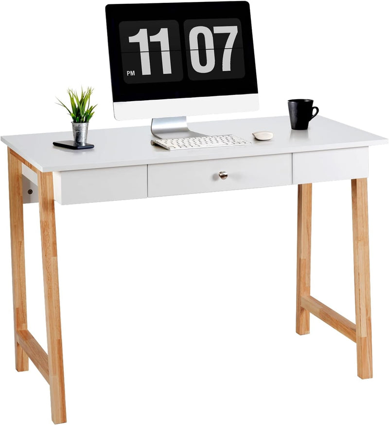 COSTWAY 42" Computer Desk with Storage Drawer, Modern Home Office Writing Study Table with Solid Rubber Wood Legs & Non-Slip Foot Pads, Multifunctional Makeup Vanity Dressing Table (Coffee and White)