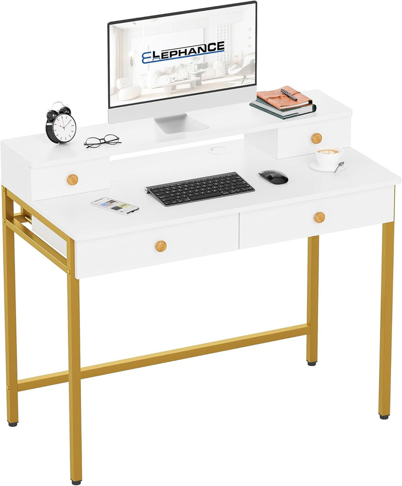 Petit bureau d'ordinateur Elephance avec support d'écran 39,37" Bureau à domicile avec 4 tiroirs Bureau d'étude Table de jeu pour petit espace