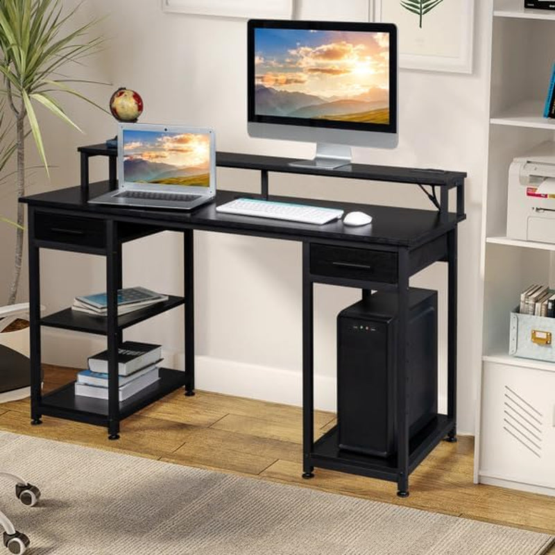 Black Computer Desk with LED Lights, Home Office Desk with Non-Woven Fabric Drawers Writing Desk Study Desk with Monitor Stand, Work Desk for Home Office, Sturdy & Spacious Workstation for PC & Laptop