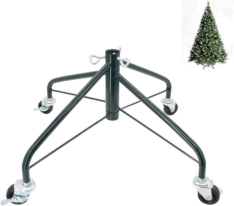 ELFJOY Christmas Tree Stand with Swivel Caster Wheels for 3-7Ft. Artificial Tree Base 17Inch, Christmas Tree Iron Stand, 7/8Inch Inner Diameter, Movable Tree Base, Green Tree Stand (Green)