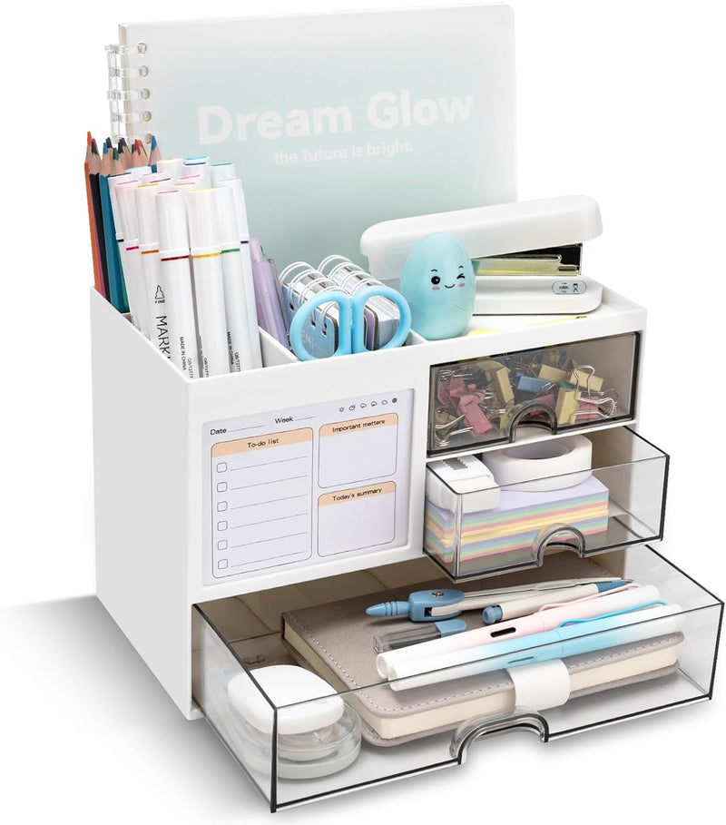 Desk Organizer with 2 Drawer, Multi-Functional Pencil Pen Holder for Desk, Desk Organizers and Storage with 5 Compartments, Desktop Organizer for Office Home Art Supplies (White)