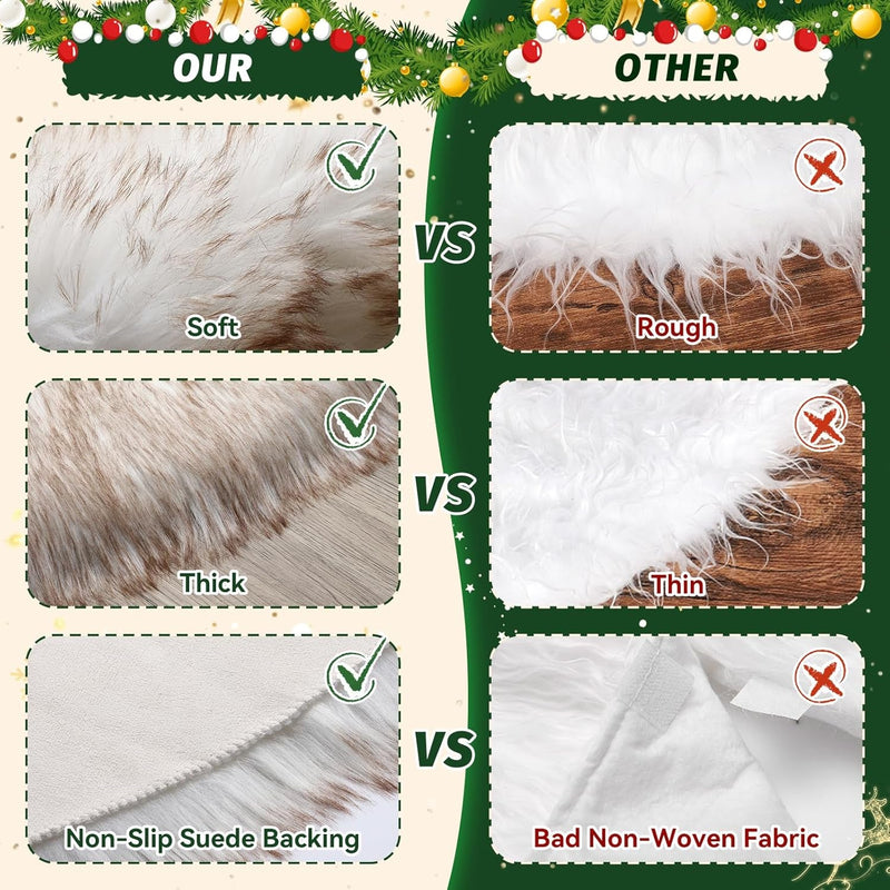 36 Inch Wool Fur Christmas Tree Skirt Thick Plush White and Brown Tree Skirt Christmas Tree Decoration for Xmas Home Party Holiday Decor