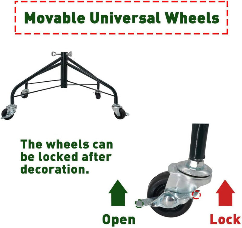 ELFJOY Christmas Tree Stand with Swivel Caster Wheels for 3-7Ft. Artificial Tree Base 17Inch, Christmas Tree Iron Stand, 7/8Inch Inner Diameter, Movable Tree Base, Green Tree Stand (Green)