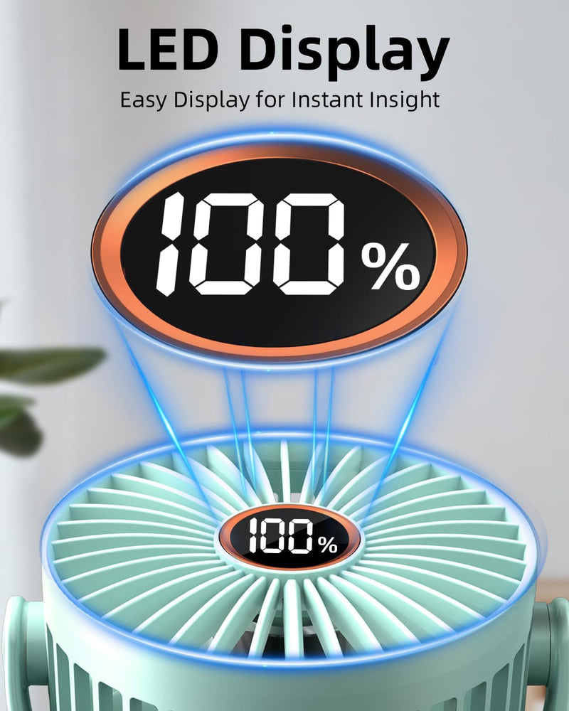 3.5" Rechargeable Clip on Fan, Small Portable Clip Fan with Strong Clamp Grip, 360° Rotation, 3-Speed & LED Display, Quiet Operating Desk Fan Ideal for Bedroom, Office, Gyms, Aqua
