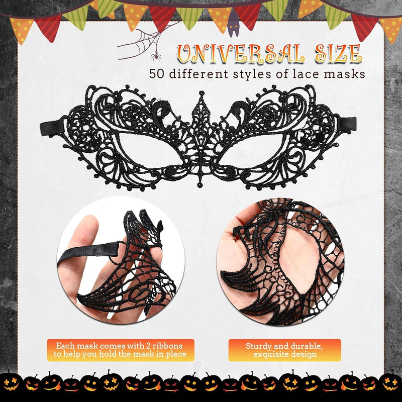 50 Pcs Lace Mask Masquerade Venetian Eyemask Halloween Woman Lace Mask for Halloween Masquerade Carnival Party Costume Ball