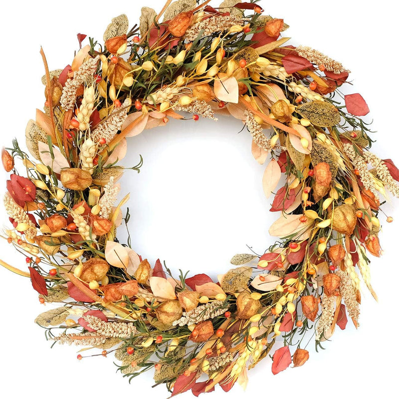 24 Inch Fall Wreath Berries Front Door Wreath Artificial Grain Wreath Harvest Wheat Ears Garland Autumn Wreath for Home Wall Fall Festival Decor (23In Fall Wheat Ears Wreath)