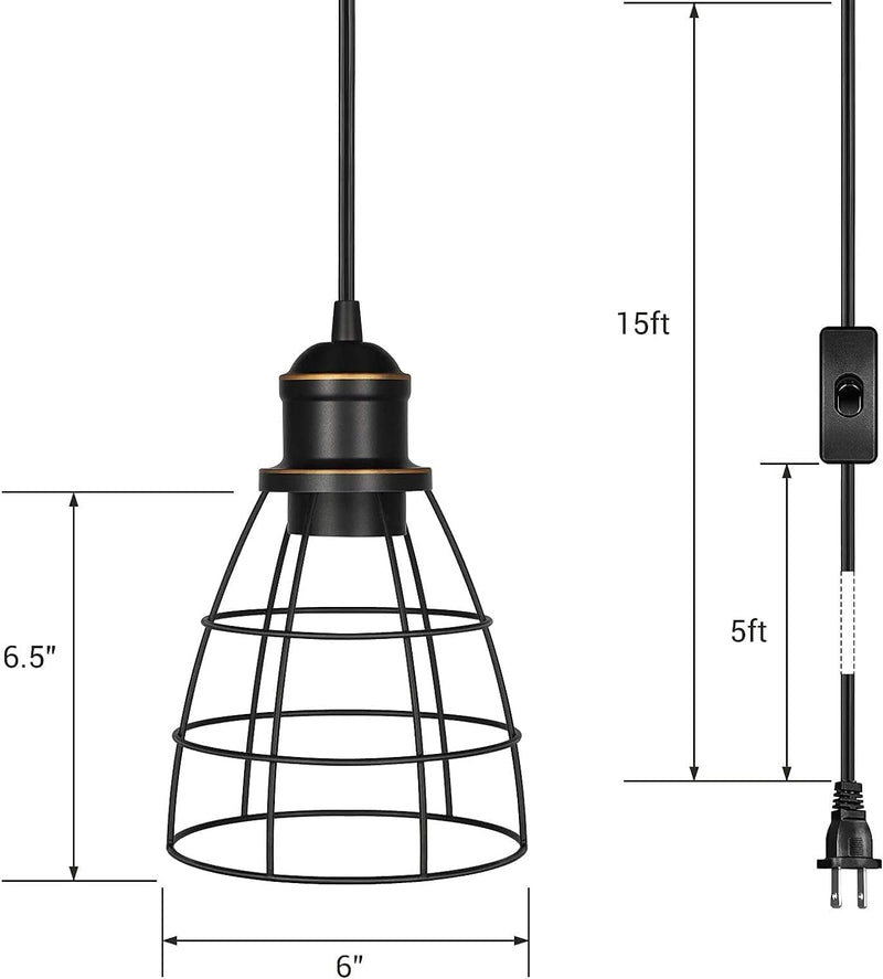 DEWENWILS Plug in Pendant Light, Black Farmhouse Cage Pendant Light Fixtures with 15FT Cord, Hanging Lights for Bedroom, Kitchen Island, Dining Hall, E26 Base Socket, 2 Pack, UL Listed