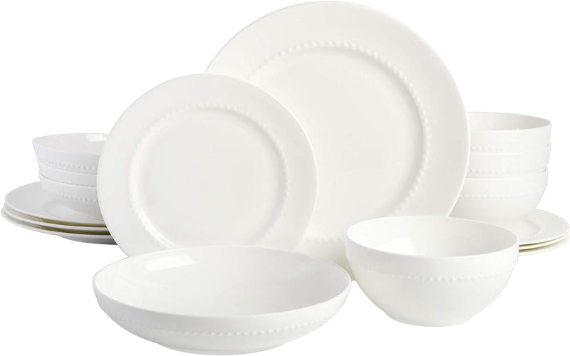 Gibson Elite Kings Road Double Plates and Bowl Organic round Porcelain Chip and Scratch Resistant Dinnerware Set - Matte White W/Gold Rim