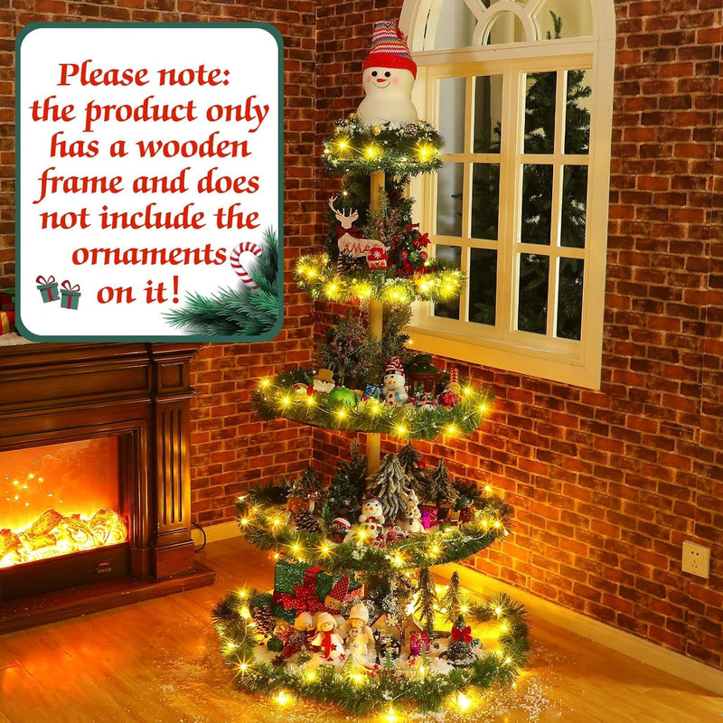 Barydat 5 Tier 59 Inches Christmas Tree Village Christmas Bookshelf Display Supplies Ornament Display Tree Stand Xmas Tree Wooden Holder Christmas Village for Holiday Display