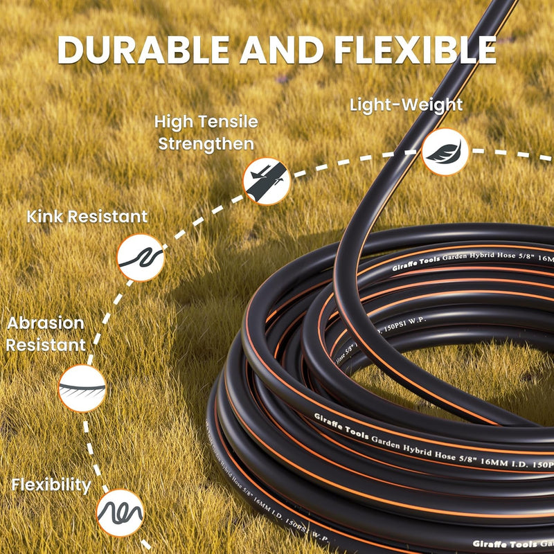 Giraffe Tools Garden Hose 75Ft X 5/8", Water Hose Heavy Duty, Flexible, Lightweight Hybrid Hose with Swivel Handle, Male to Female Fittings, Burst 600 PSI