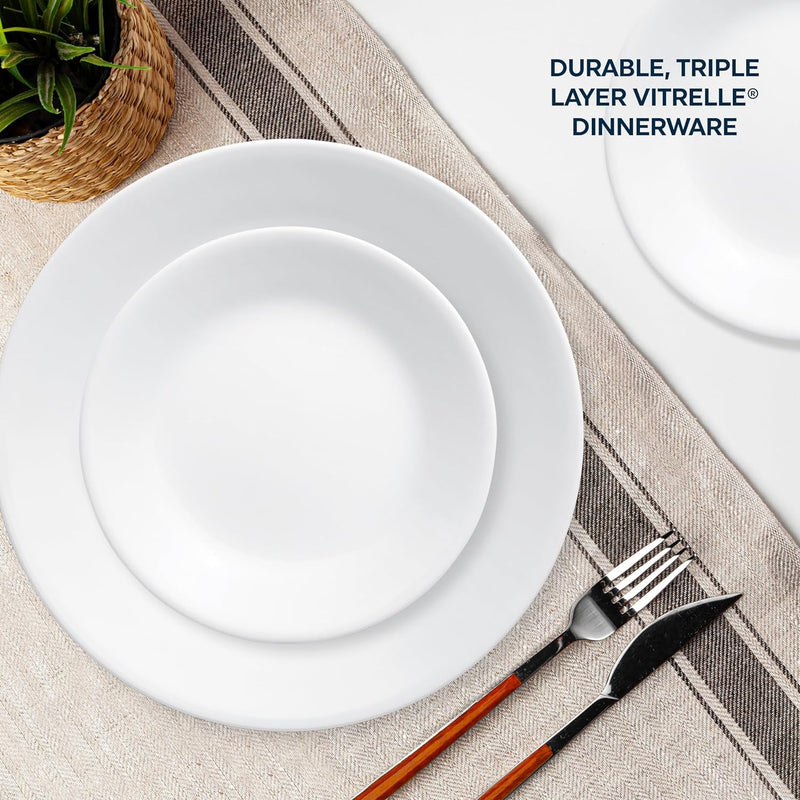 Corelle Vitrelle 18-Piece Service for 6 Dinnerware Set, Triple Layer Glass and Chip Resistant, Lightweight round Plates and Bowls Set, Winter Frost White