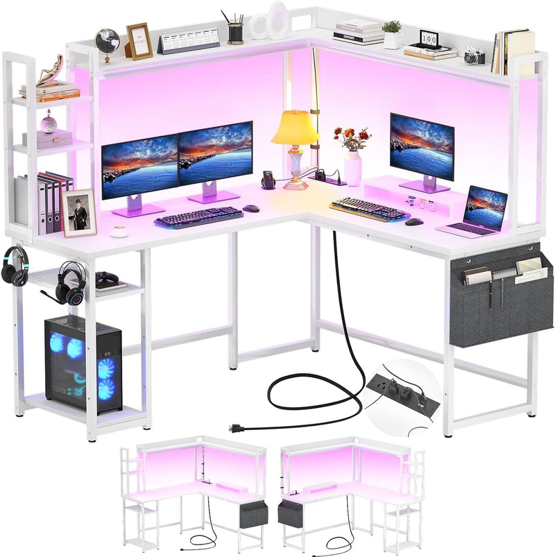 Aheaplus L Shaped Desk with Power Outlet, L Shaped Gaming Desk with Led Light & Hutch, Reversible Home Office Desk, Corner Computer Desk Writing Desk with Monitor Stand & Storage Shelves, Black