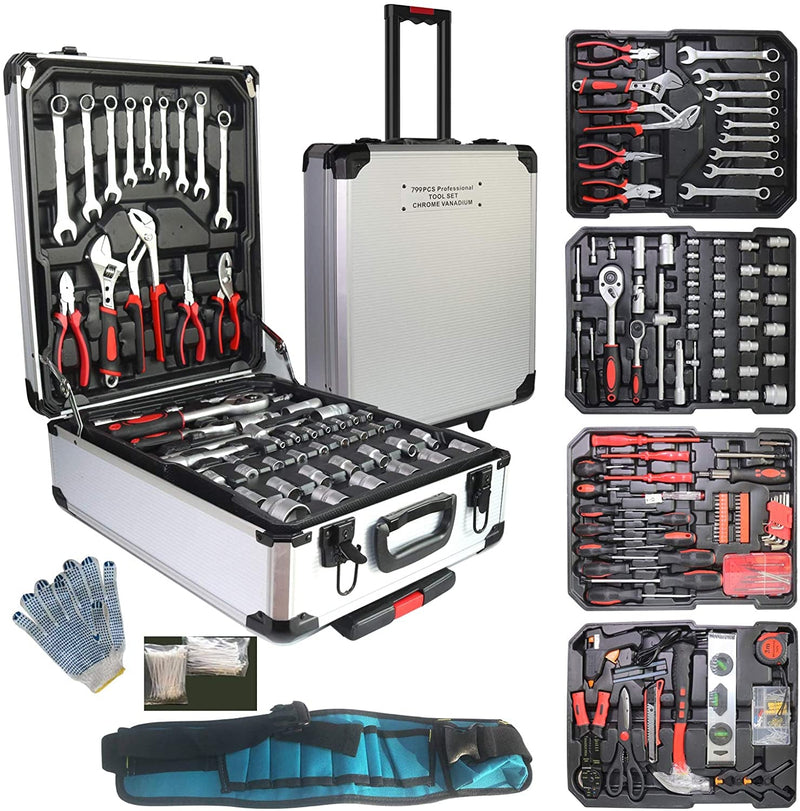 Arcwares 799Pcs Aluminum Trolley Case Tool Set Silver, House Repair Kit Set, Household Hand Tool Set, with Tool Belt,Gift on Father'S Day (Black)