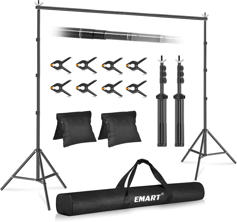 EMART Backdrop Stand 10X7.8Ft(Wxh) Photo Studio Adjustable Background Stand Support Kit with 2 Crossbars, 6 Backdrop Clamps,2 Sandbags and Carrying Bag for Parties Events Decoration