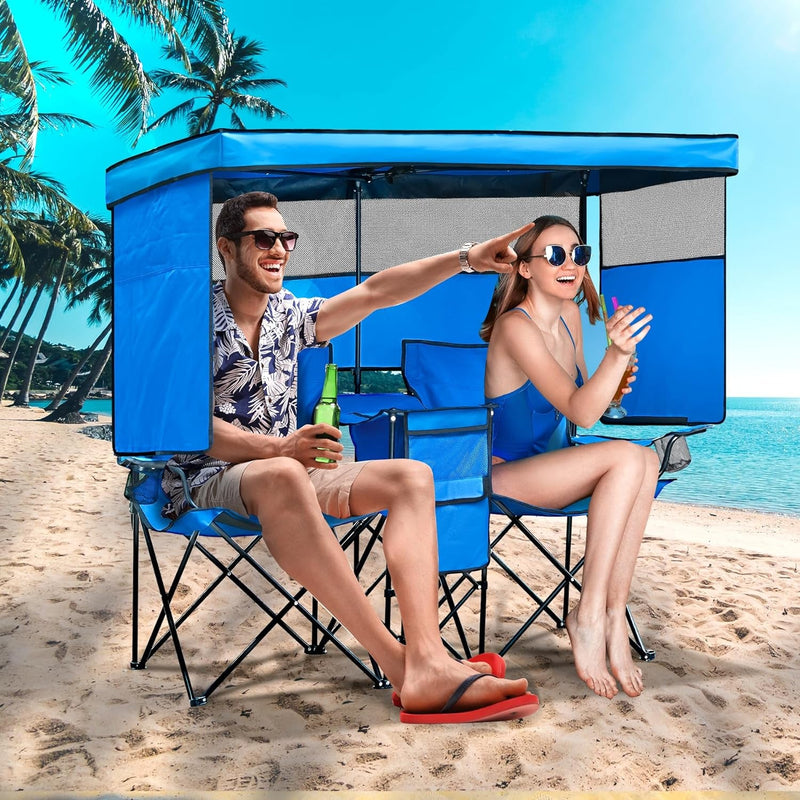 Double Camping Chair with Canopy Shade Beach Chairs with Cup Holder Heavy Duty Folding Loveseat for outside Lawn Patio