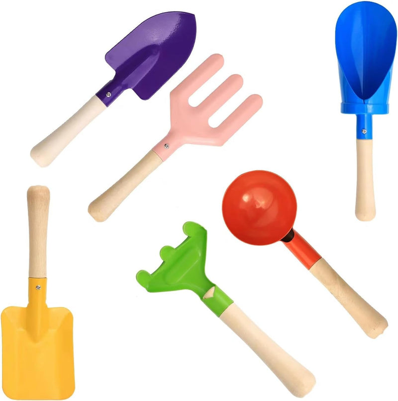 6 PCS 8" Kids Garden Tools, Made of Metal with Sturdy Wooden Handle, Beach Snow Toys Cylinder, Spoon, Fork, Rake, Flat & Pointed Shovels for Children