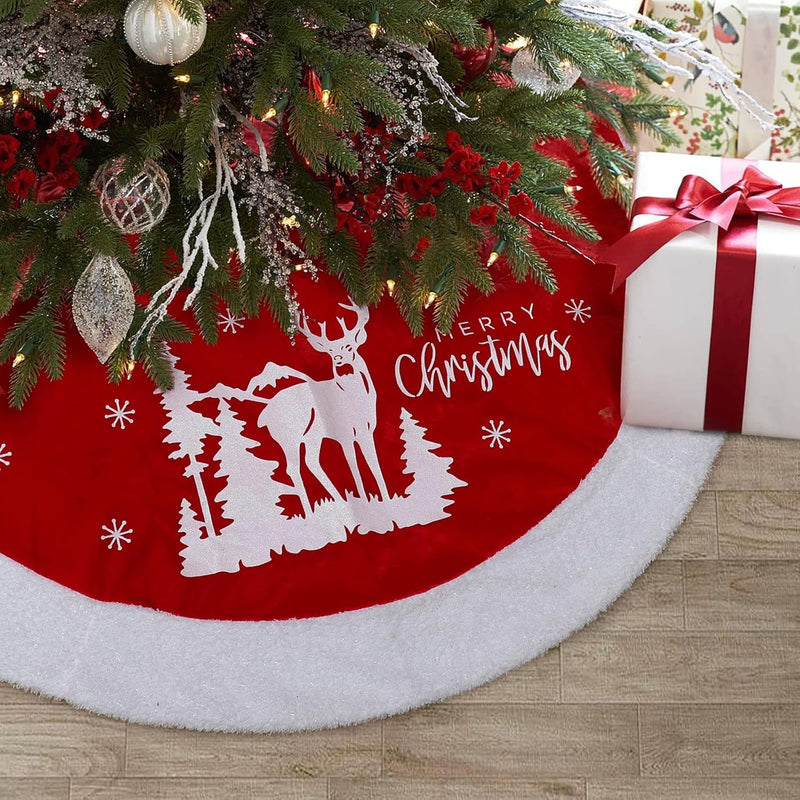 Christmas Tree Skirt, 32 Inch Red Velvet Tree Skirt with Embroidered Reindeer Moose Snowflakes White Trim Border, Holiday Party Tree Decorations