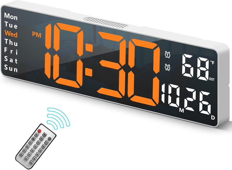 Digitale Wanduhr mit großem Display, 16,2 Zoll, LED-Digitaluhr mit Fernbedienung für die Wohnzimmerdekoration, automatischer Helligkeitsdimmer mit Datum, Wochentemperatur (Orange)