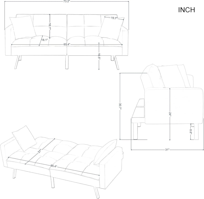 Folding Tufted Convertible Sleeper Sofa Bed, Adjustable Lounge Loveseat Futon Couch Recliner Reversible Daybed with Metal Legs and Throw Pillows Home Furniture for Living Room