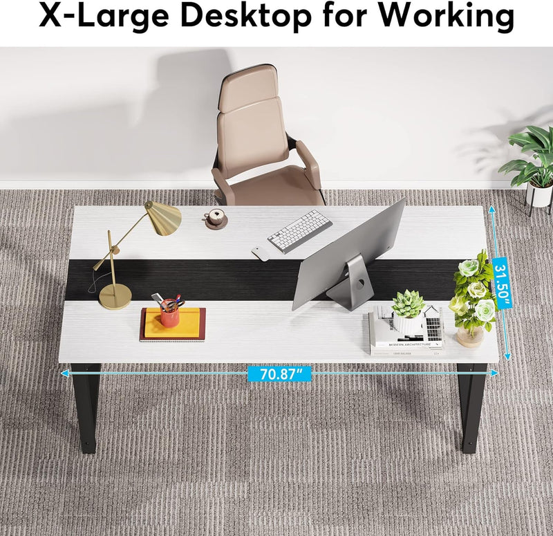 70.8 Inch X-Large Executive Computer Office Desk, White+Black