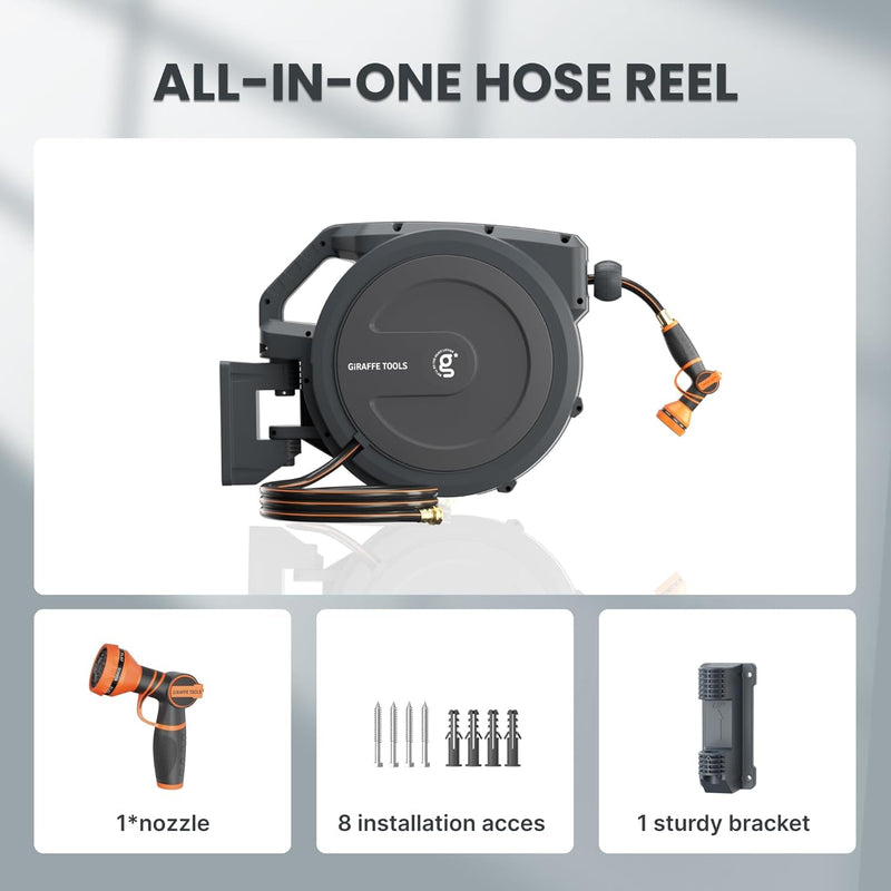 Giraffe Tools AW30 Garden Hose Reel Retractable 1/2" X 100 Ft Wall Mounted Water Hose Reel Automatic Rewind, Any Length Lock, 100 Ft, Dark Grey