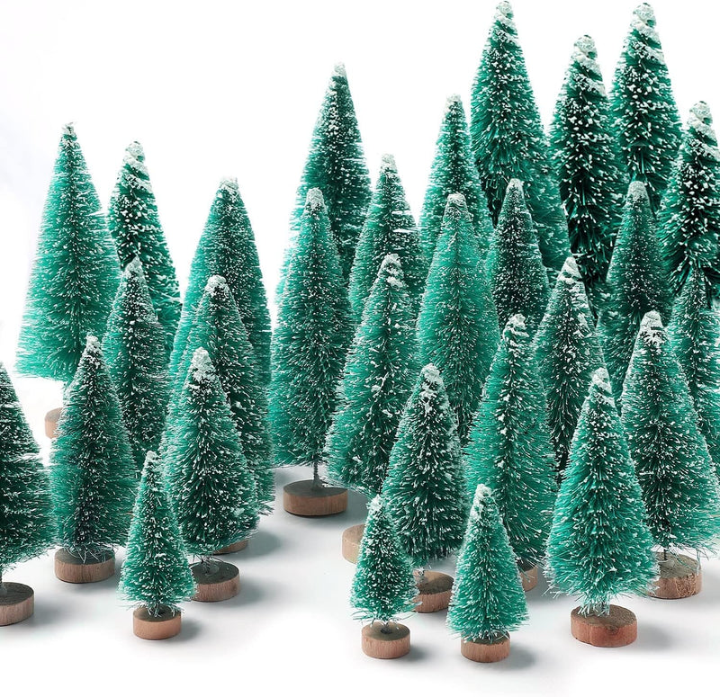 30Pcs Mini Christmas Trees Artificial Christmas Tree Bottle Brush Trees with Wooden Base for Christmas Decor Christmas Party Home Table Craft Decorations(Green+Silver+White)