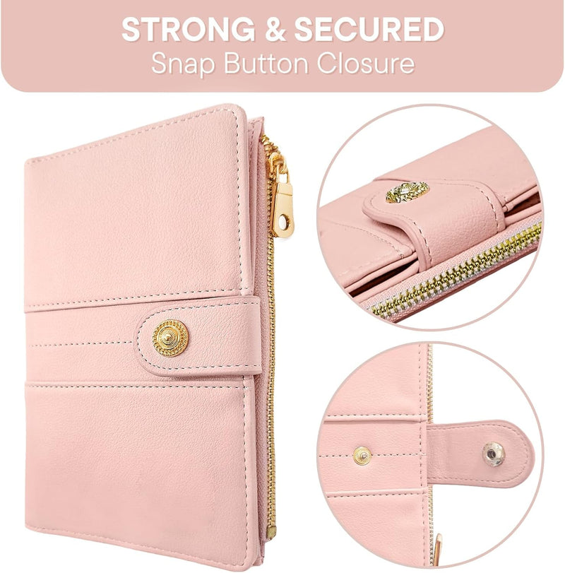 Elzama Passport Holder Women with RFID Blocking, Passport Cover Wallet with Zipper Pocket, Pen Sim Card Holders, Cute Slim Travel Wallet Passport Book Protector Case, Pink